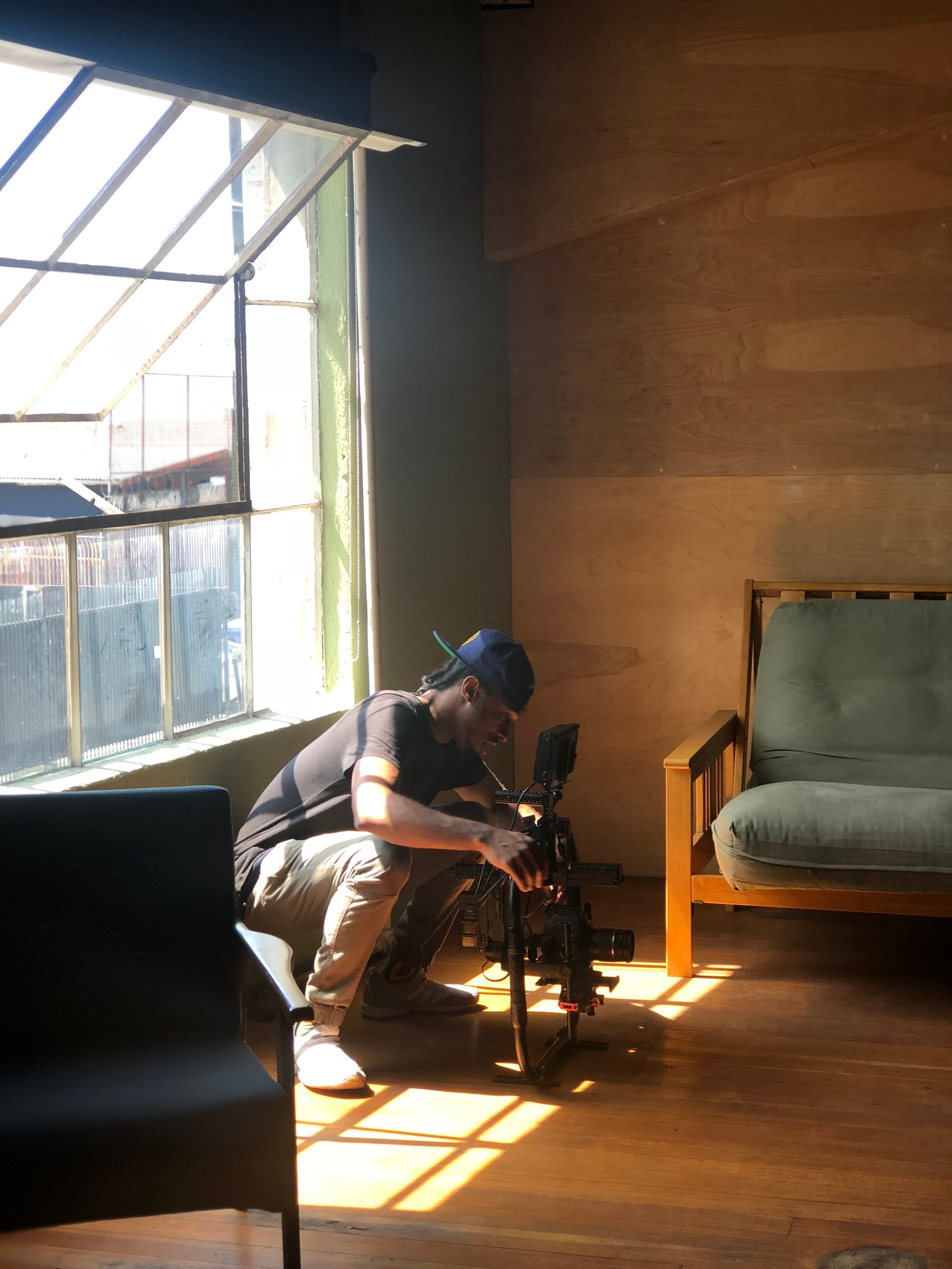 Camera setup in golden hour light